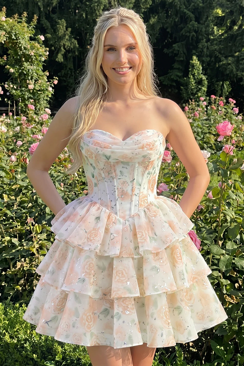 Strapless Floral A Line Sequin Corset Pink Homecoming Dress