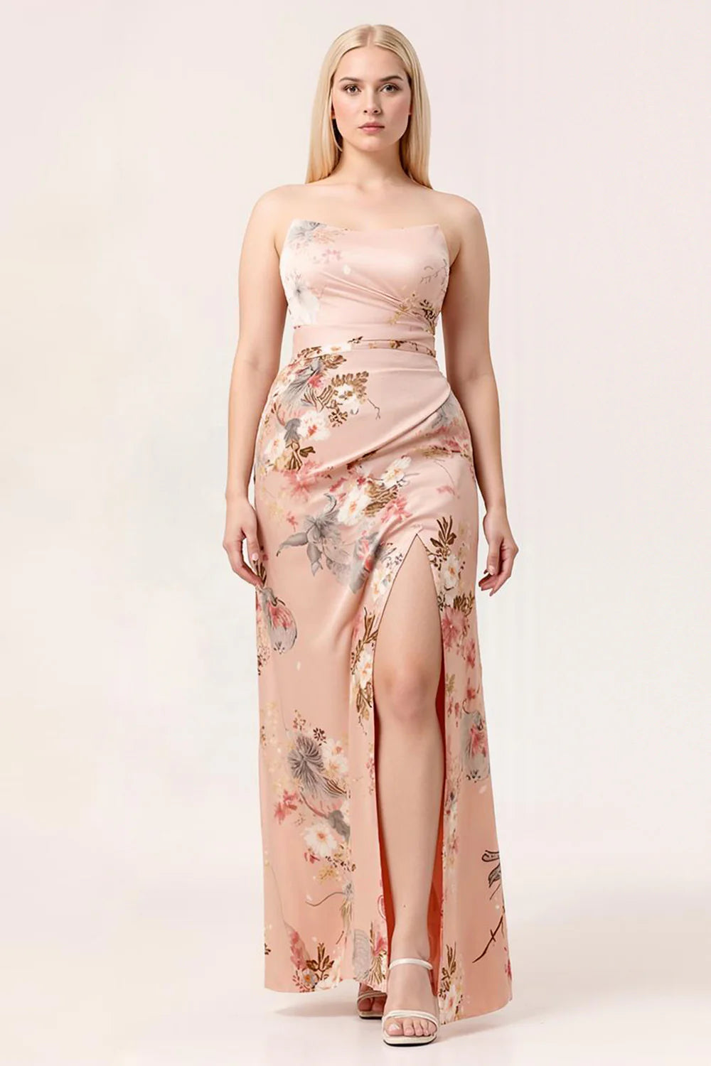 Blush Sheath Strapless Print Satin Long Floral Plus Size Bridesmaid Dress with Slit
