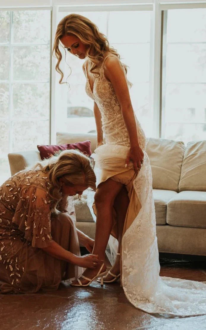 Sexy Mermaid V neck Lace Sleeveless Wedding Dress with Sweep Train Simple Elegant Ethereal Country Garden