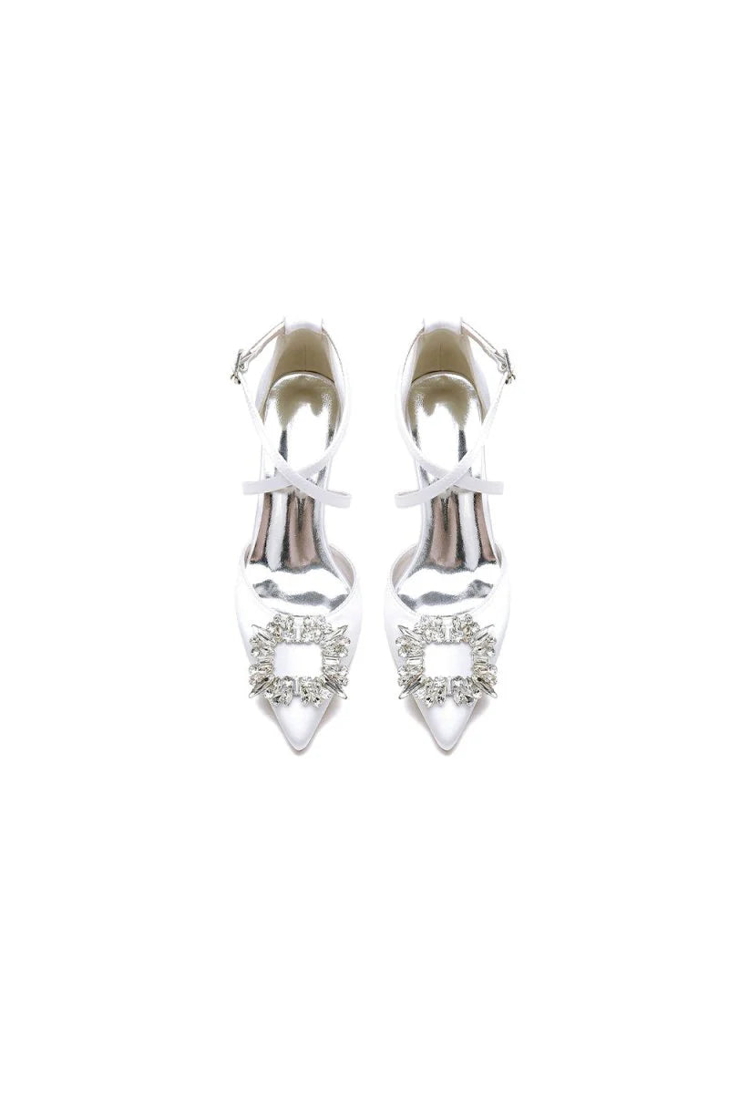 White Satin Pump with Crystal Embellished Cross Strap