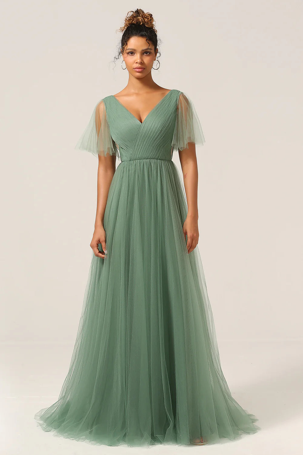 Eucalyptus A Line V Neck Open Back Floor Length Tulle Bridesmaid Dress