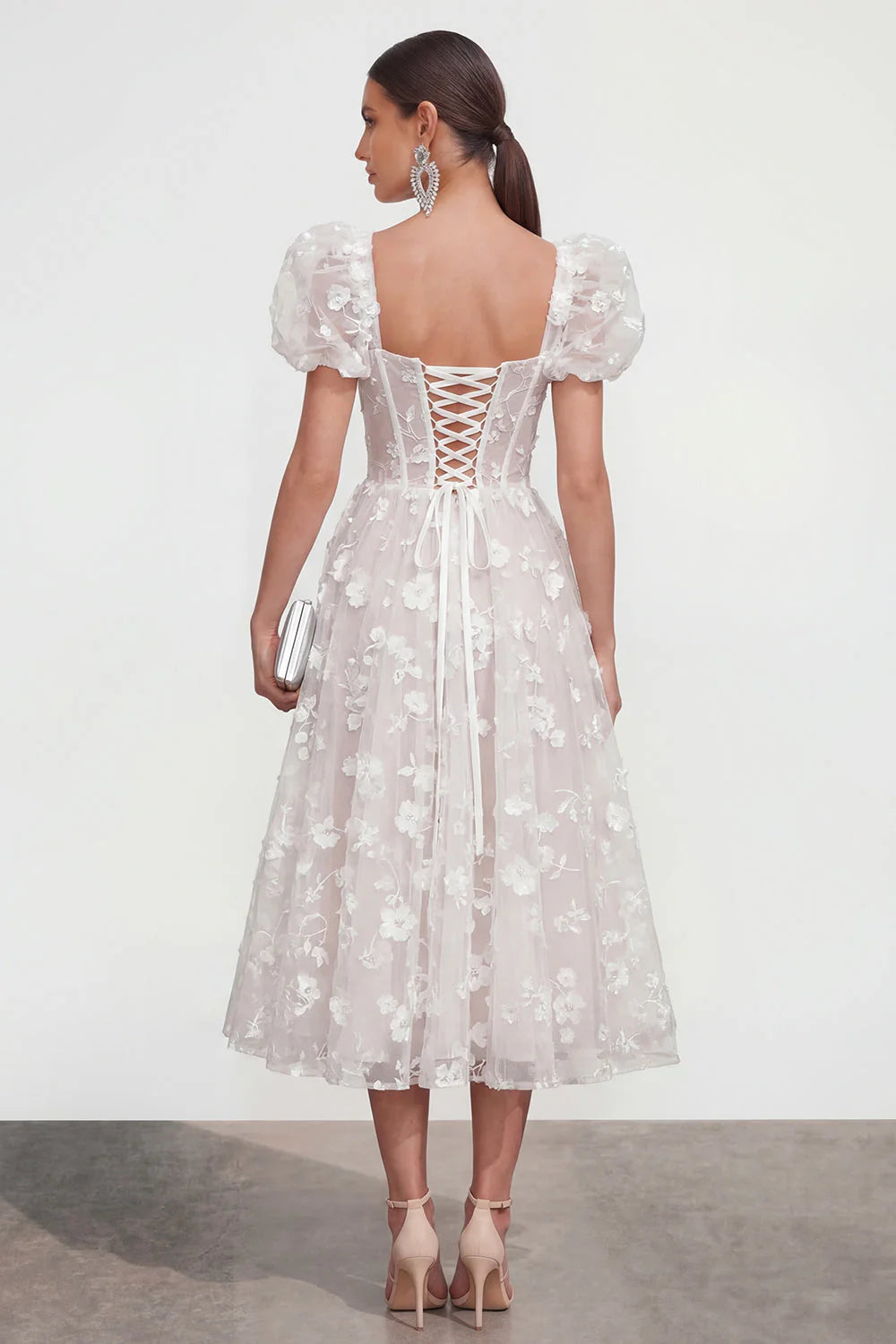 Floral Pink Puff Sleeve A Line Corset Wedding Guest Dress