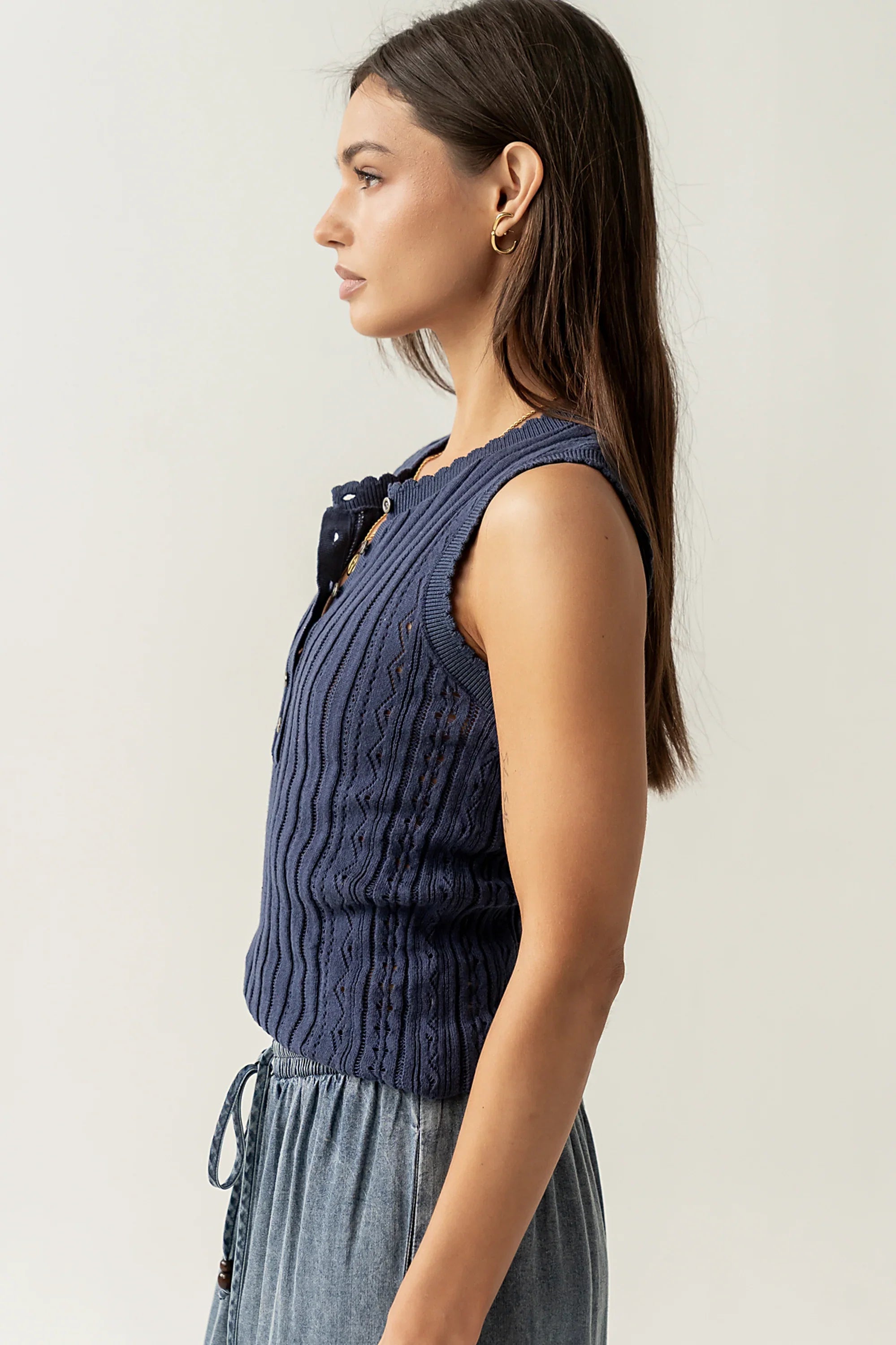 Lina Pointelle Knit Tank in Navy