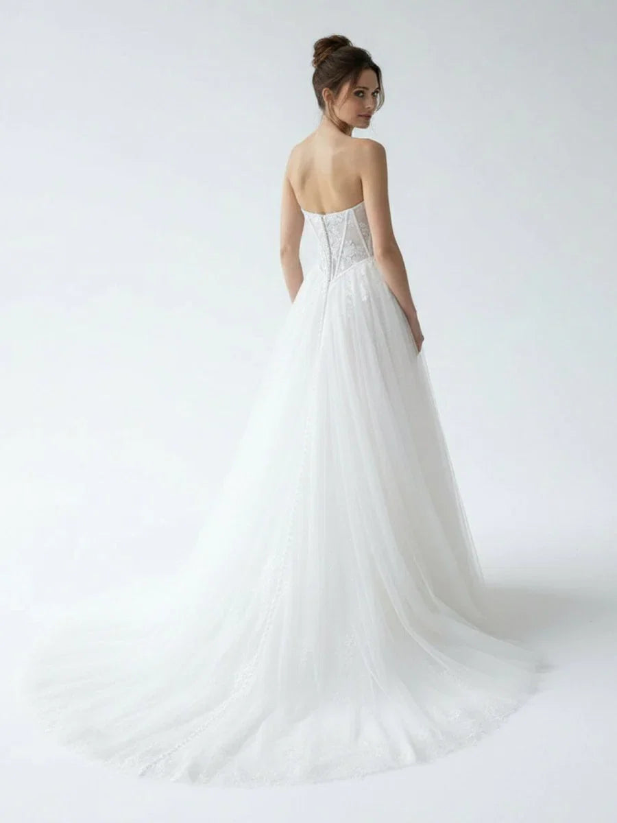 Charming A Line Strapless Tulle Lace Wedding Dresses