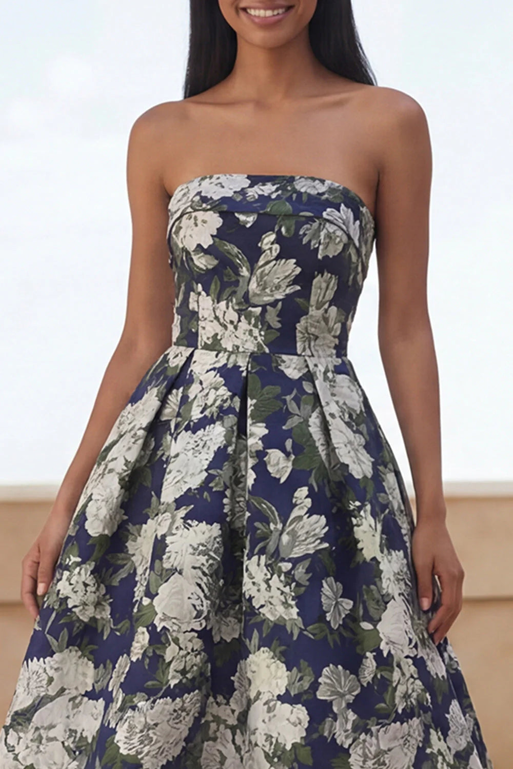 Floral Blue Strapless A Line Wedding Guest Dress
