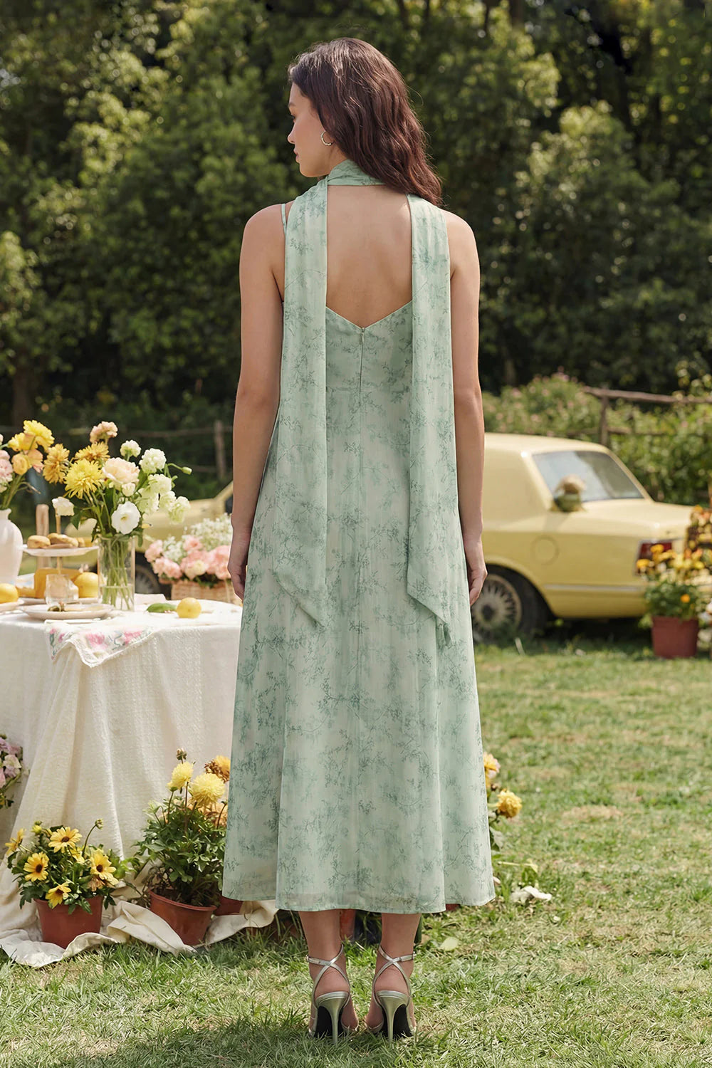 Floral Dusty Sage A Line Spring Wedding Guest Dress with Sash