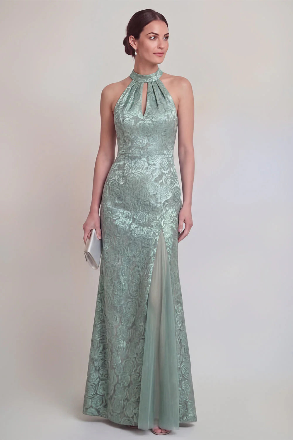 Halter Jacquard Mermaid Sage Green Mother of the Bride Dress