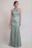 Halter Jacquard Mermaid Sage Green Mother of the Bride Dress
