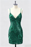 Sequin Bodycon Spaghetti Straps Dark Green Homecoming Dress