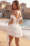 Off the Shoulder Ruffled A Line Ivory Corset Short Graduation Dress with Bow