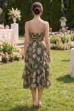Floral Spaghetti Straps Ruffled Dark Green Wedding Guest Dress