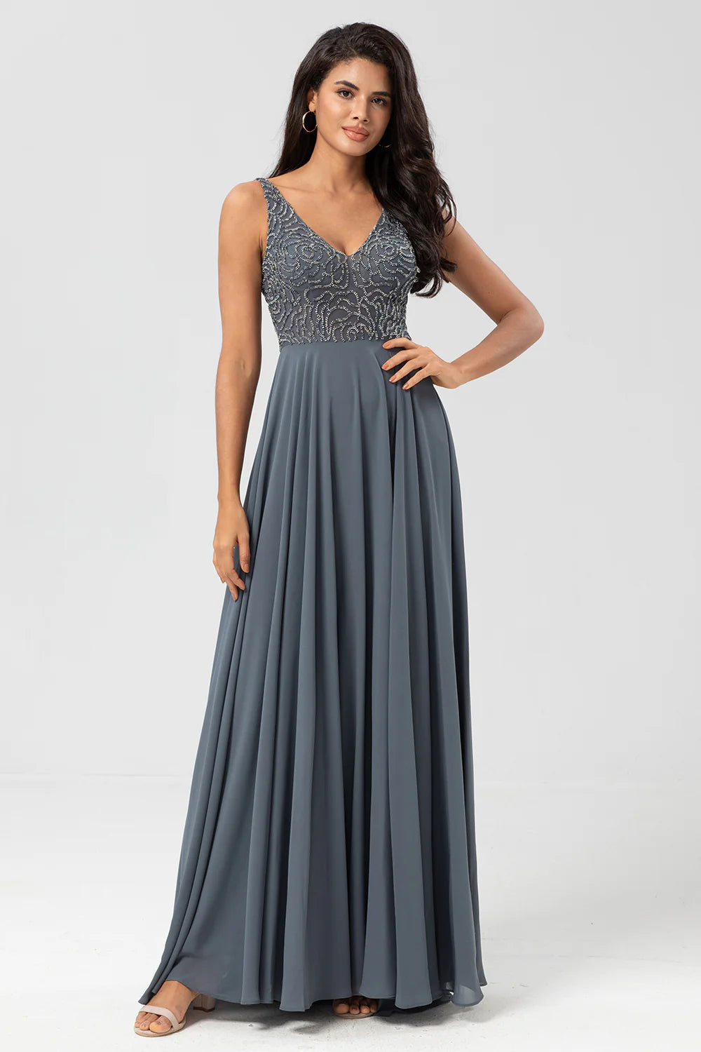 A Line Beaded Eucalyptus Long Bridesmaid Dress