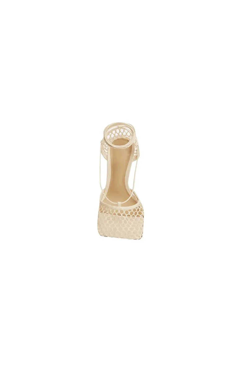 Yellow Stiletto Heel Lace Up Fishnet High Heel Sandals