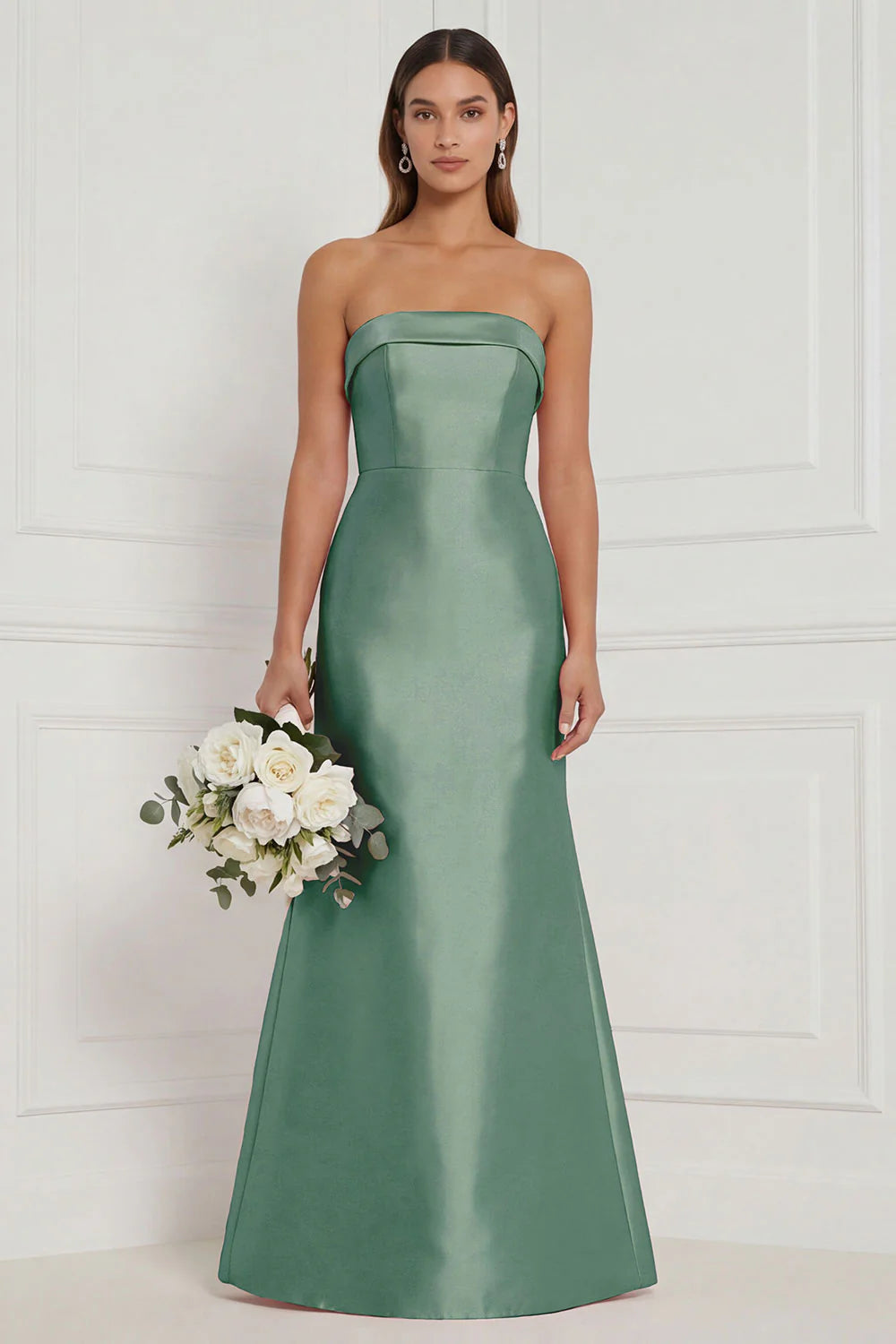 Strapless Mermaid Dusty Rose Satin Long Bridesmaid Dress