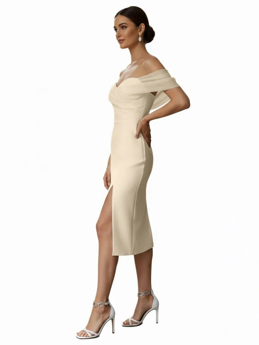 Sheath Off The Shoulder Sleeveless Tea Length Wedding Dresses