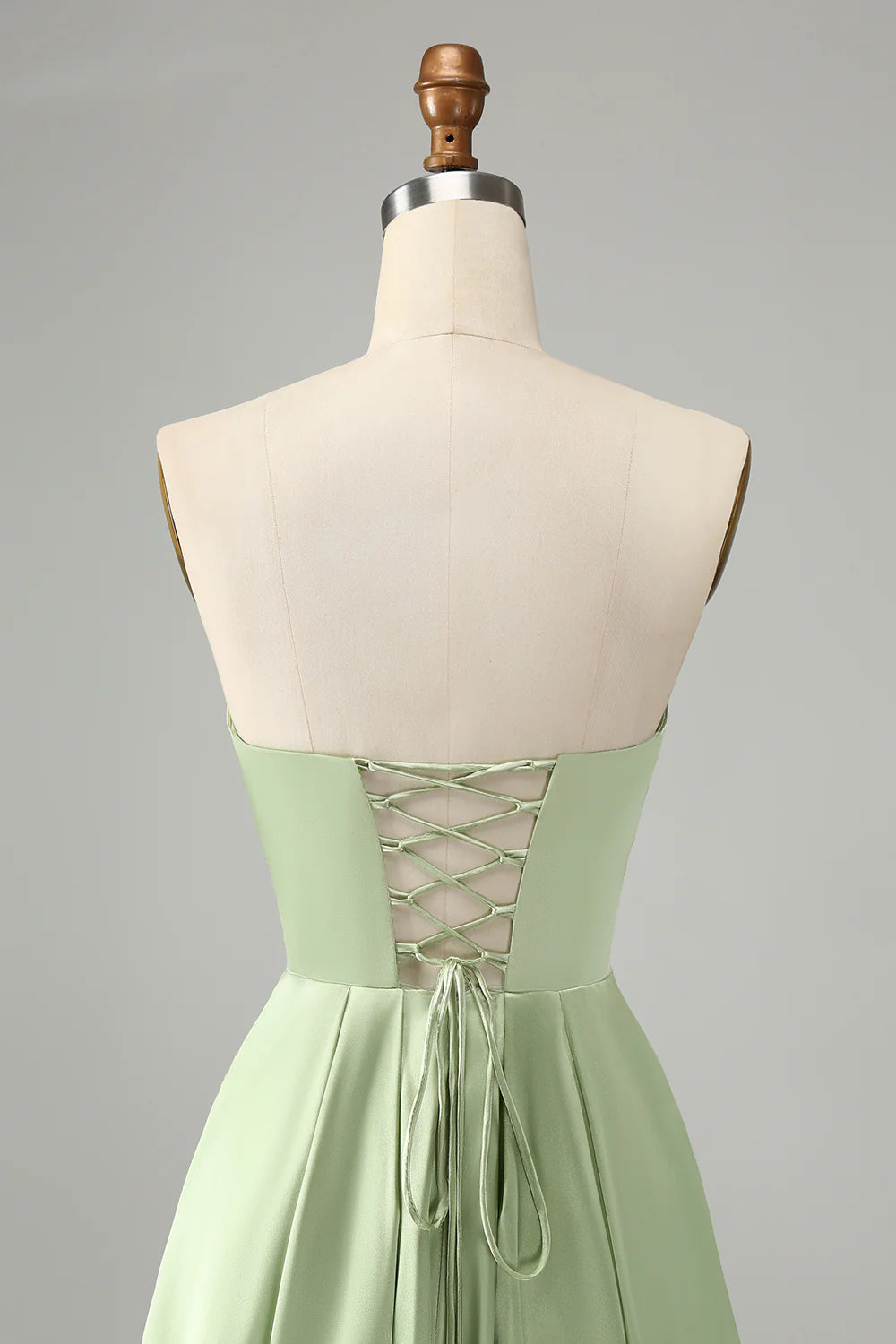 Green A Line Strapless Pleated Hollow Out Long Bridesmaid Dress With Slit