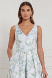 A Line Blue White Floral V Neck High Low Bridesmaid Dress