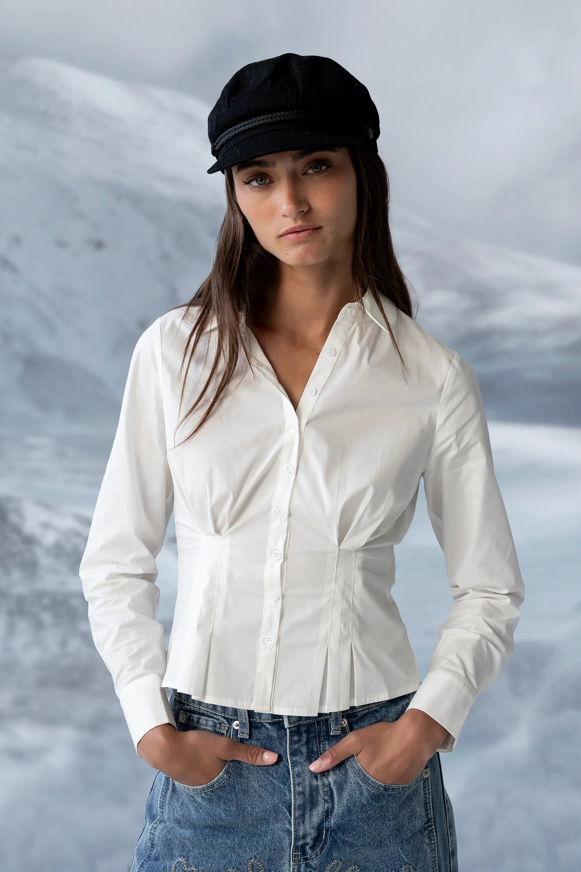 Brecken Pleated Button Up in White