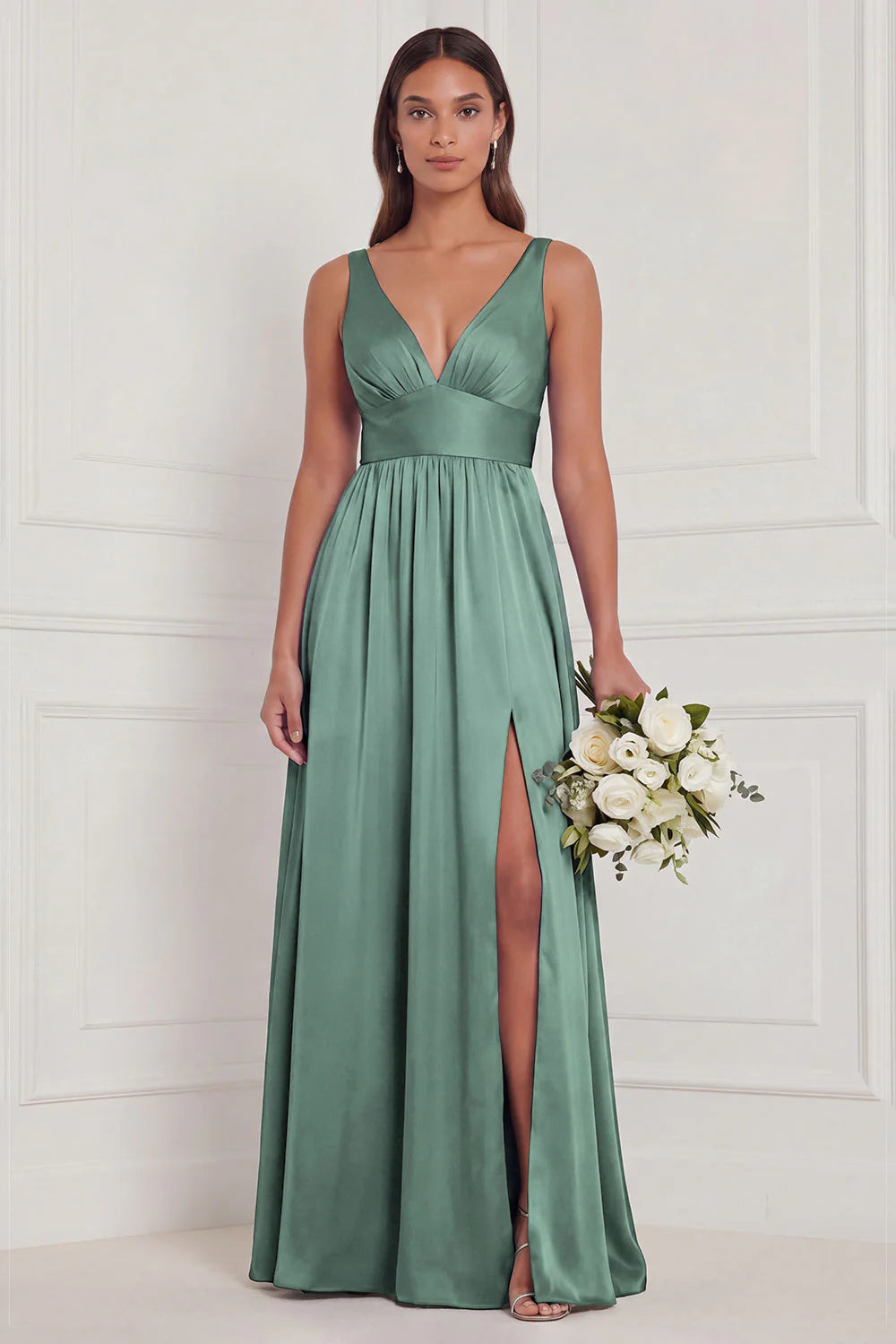 Dusty Blue A Line V Neck Bridesmaid Dress with Slit