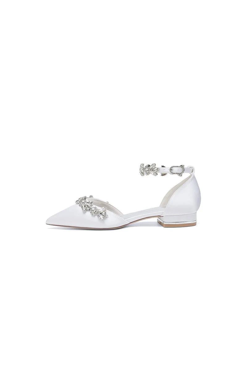 Pointed Toe Rhinestone Beaded Ankle Strap Kitten Heels