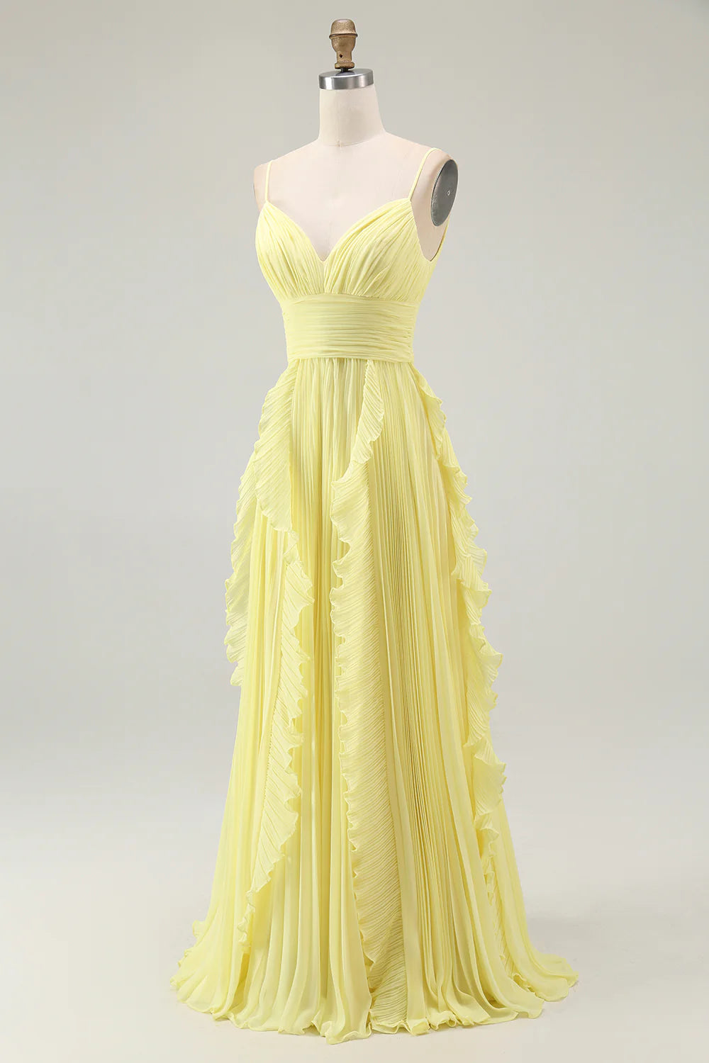 Sunshine Yellow A Line Spaghetti Straps Pleated Long Bridesmaid Dress