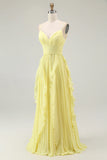 Sunshine Yellow A Line Spaghetti Straps Pleated Long Bridesmaid Dress