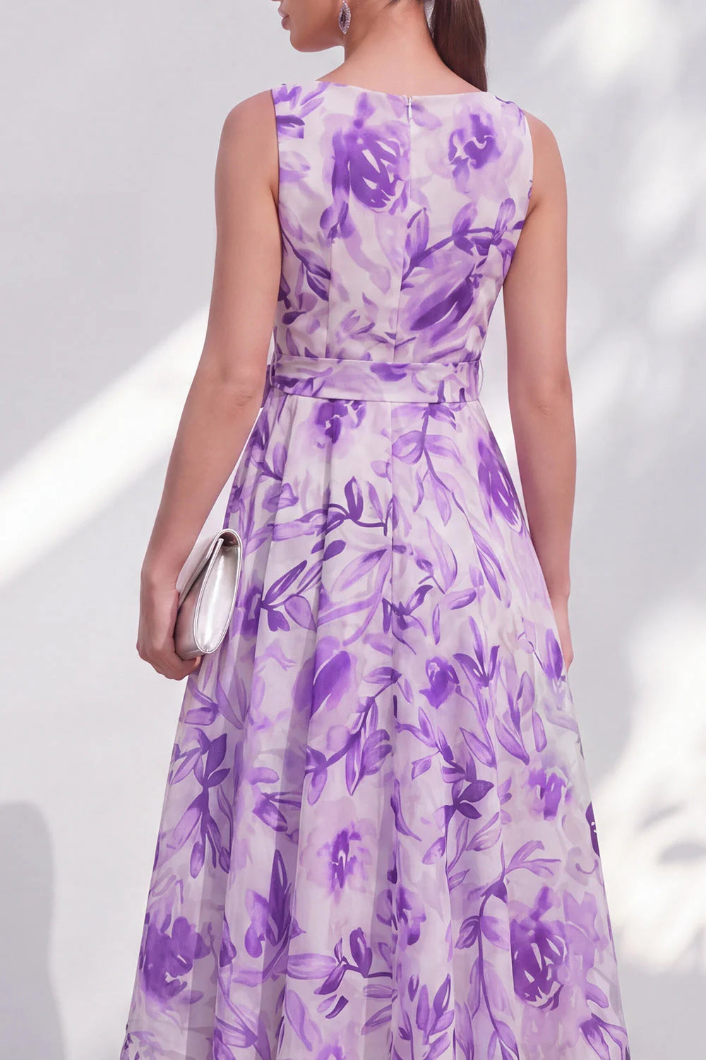 Purple Flower A Line V Neck Wedding Guest Dress with Belt