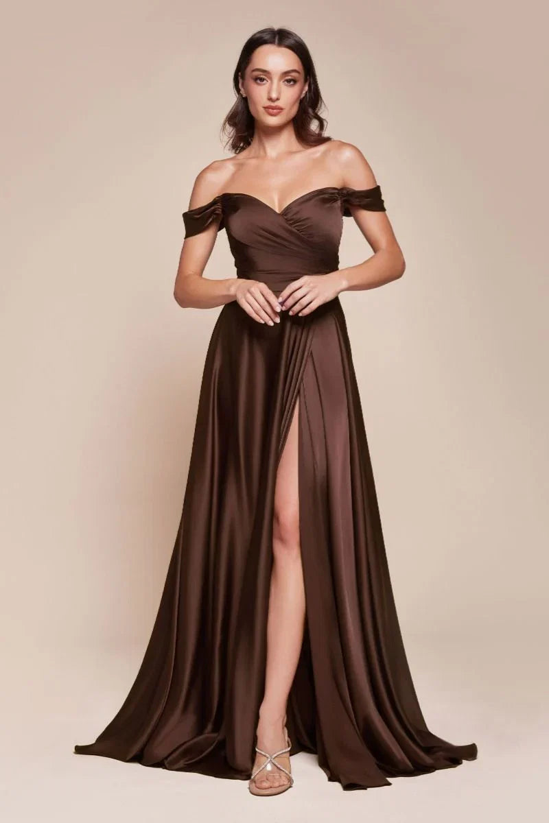 JILLIAN GOWN A LINE SOFT SATIN OFF THE SHOULDER DRESS
