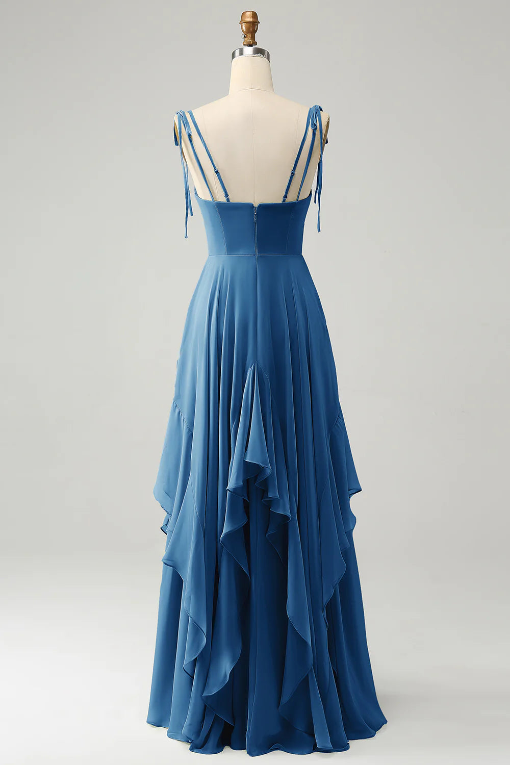 A Line Spaghetti Straps Chiffon Long Eucalyptus Bridesmaid Dress with Ruffles