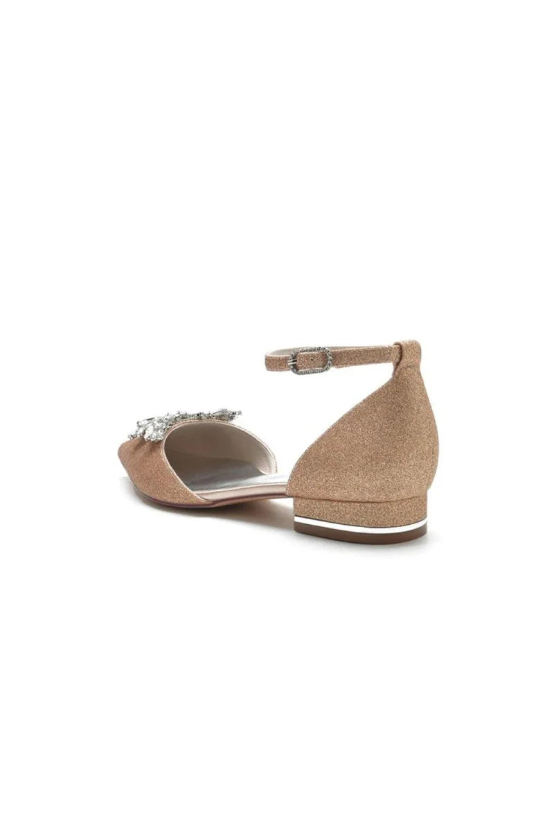 Casual Pointed Toe Ankle Strap Low Heels with Rhinestone