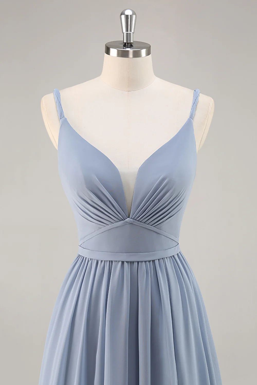 Dusty Blue A Line Spaghetti Straps Ruched Long Bridesmaid Dress with Slit