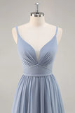 Dusty Blue A Line Spaghetti Straps Ruched Long Bridesmaid Dress with Slit