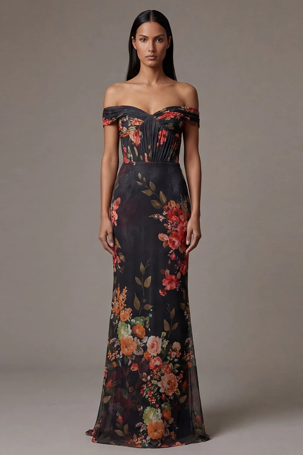 Black Floral Off the Shoulder Cut Out Mermaid Formal Dress