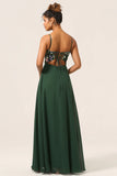 Dark Green A Line Spaghetti Straps Chiffon Bridesmaid Dress with 3D Flowers