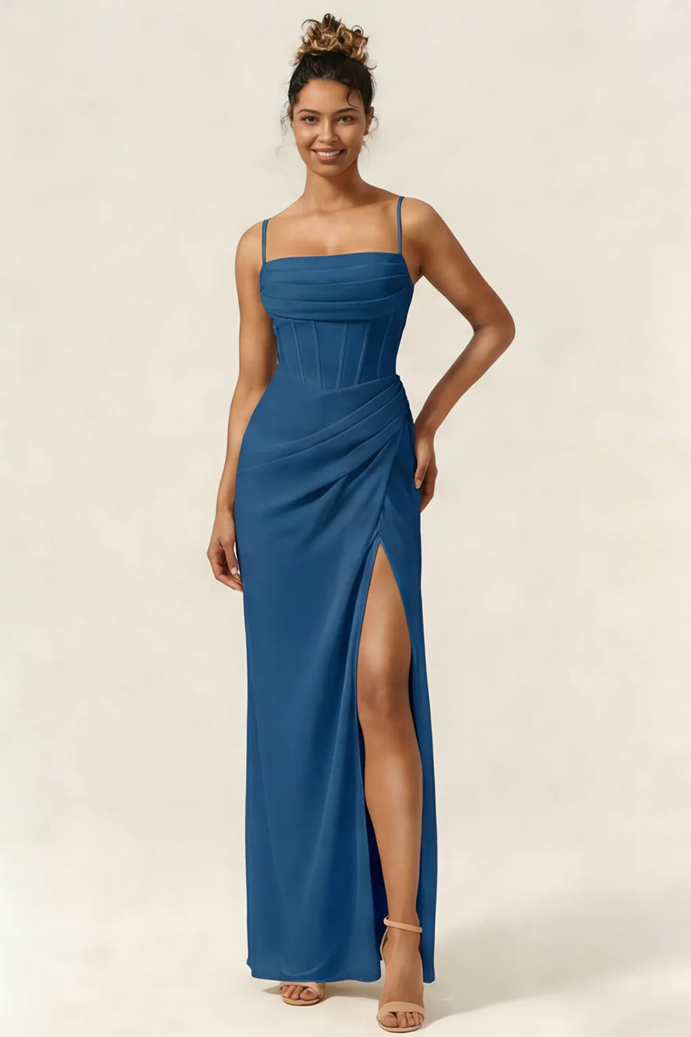 Green Flower Mermaid Corset Chiffon Long Bridesmaid Dress with Slit
