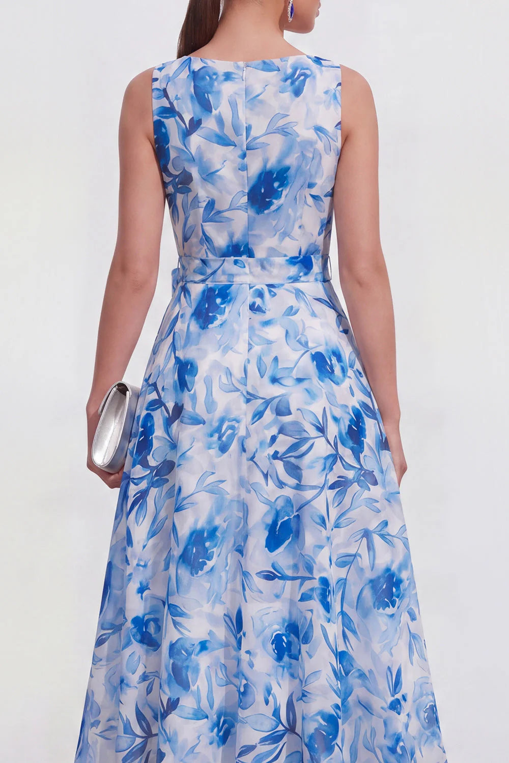 Purple Flower A Line V Neck Wedding Guest Dress with Belt