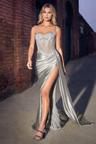 Teagan Gown Silver Fitted Satin Lace Dress