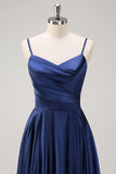 Dark Navy A Line Spaghetti Straps Pleated Midi Dress