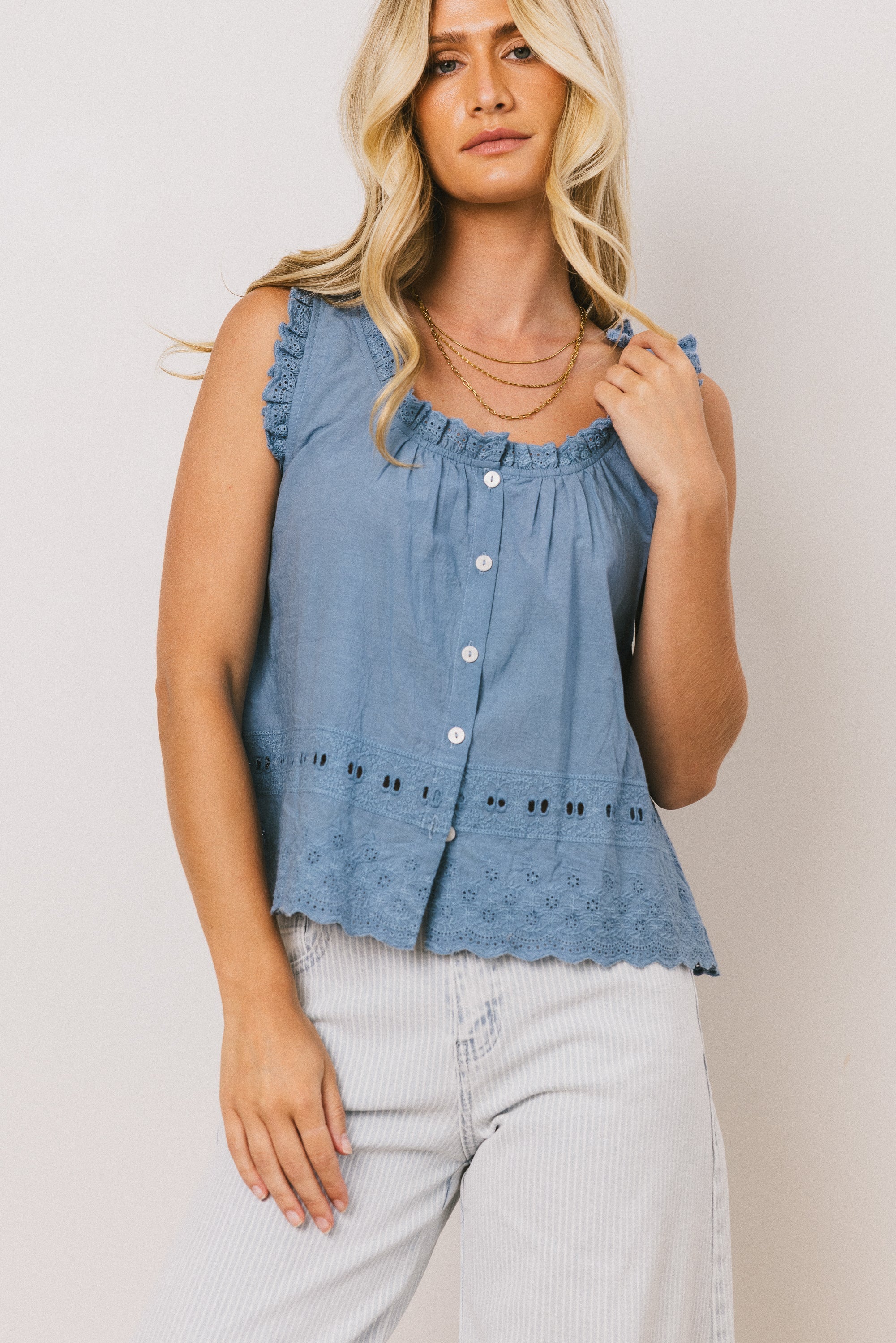 Dorian Embroidered Blouse in Denim FINAL SALE
