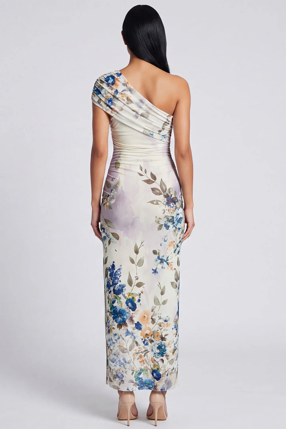 Black One Shoulder Sheath Floral Wedding Guest Dress with Slit