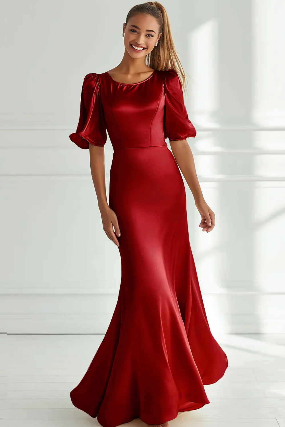 Champagne Mermaid Scoop Nevk Formal Dress with Half Sleeves