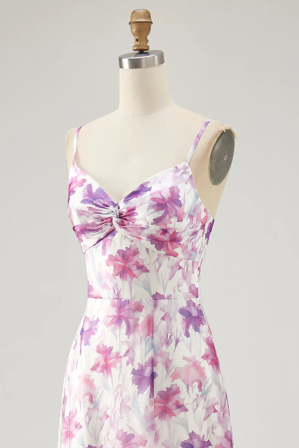 Purple Flower A Line Spaghetti Straps Front Knot Print Maxi Dress with Slit