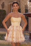 Light Yellow Strapless Floral A Line Short Homecoming Dress