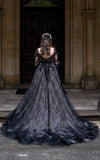 Modern Gothic Boho Lace Black Wedding Dress Vintage Unique A Line Long Sleeve Bridal Gown with Court Train