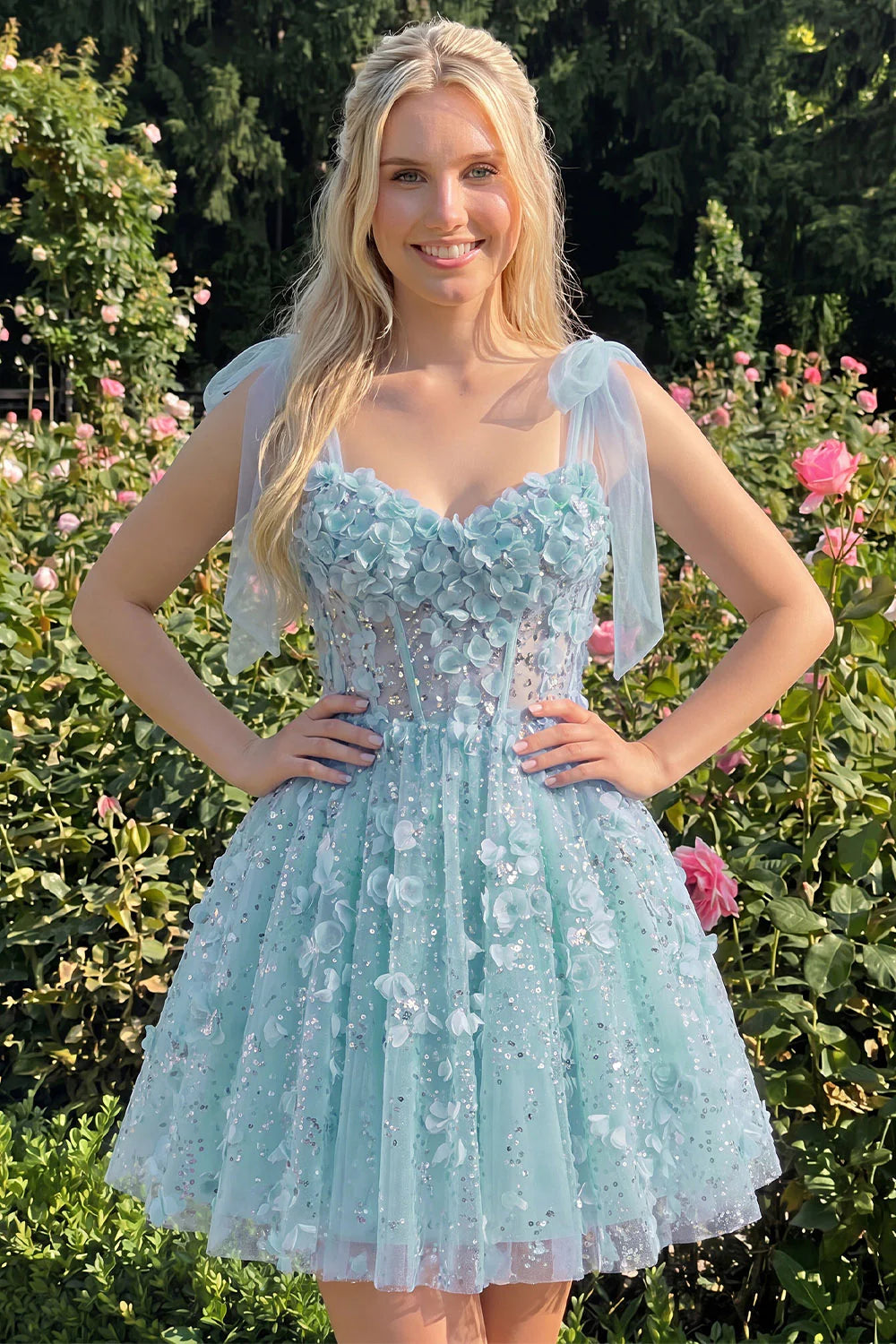 Lilac Sequin A Line Corset Short Homecoming Dress with 3D Flowers