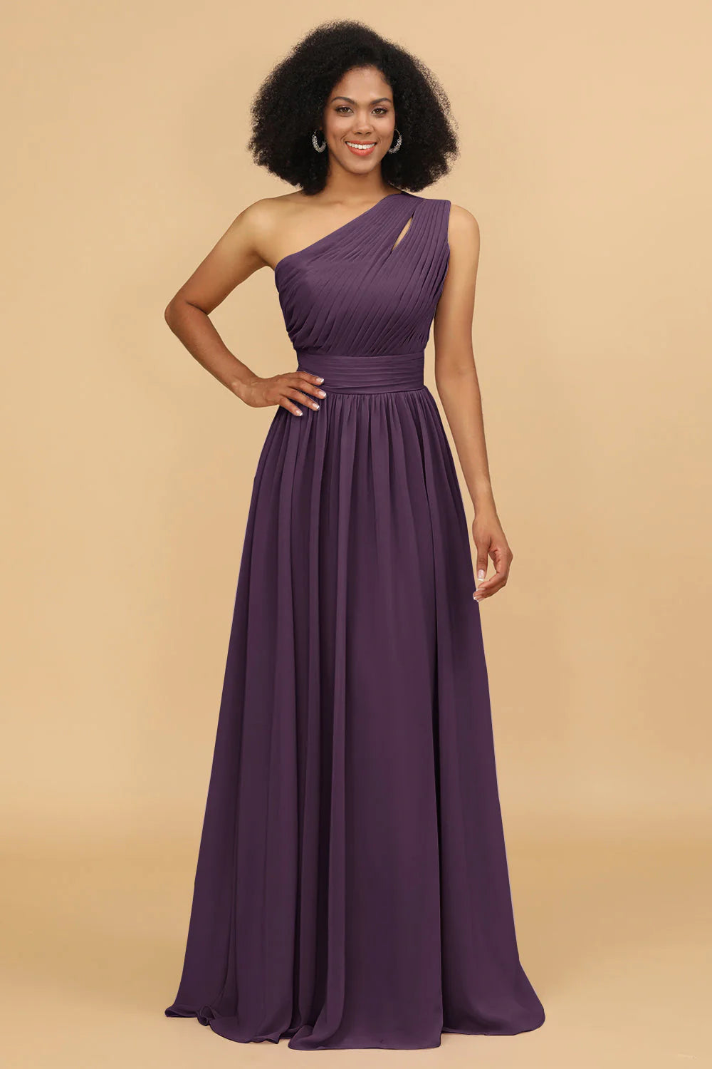 A Line One Shoulder Long Chiffon Bridesmaids Dress with Ruffles