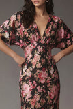 Pink Floral V Neck Wedding Guest Dress with Flutter Sleeves