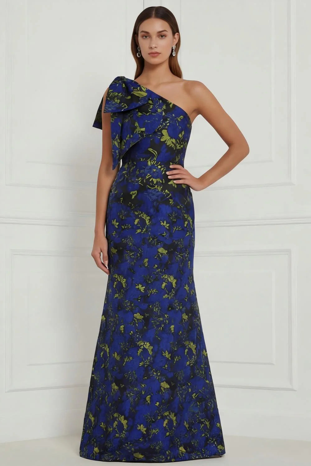 Blue White Flower Mermaid One Shoulder Print Long Bridesmaid Dress with Bow
