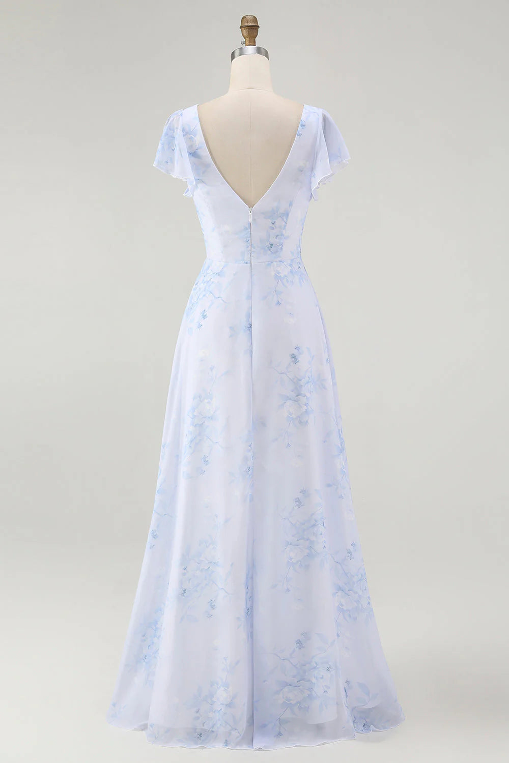 Blue Floral A Line V Neck Backless Long Bridesmaid Dress with Slit