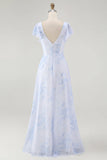 Blue Floral A Line V Neck Backless Long Bridesmaid Dress with Slit